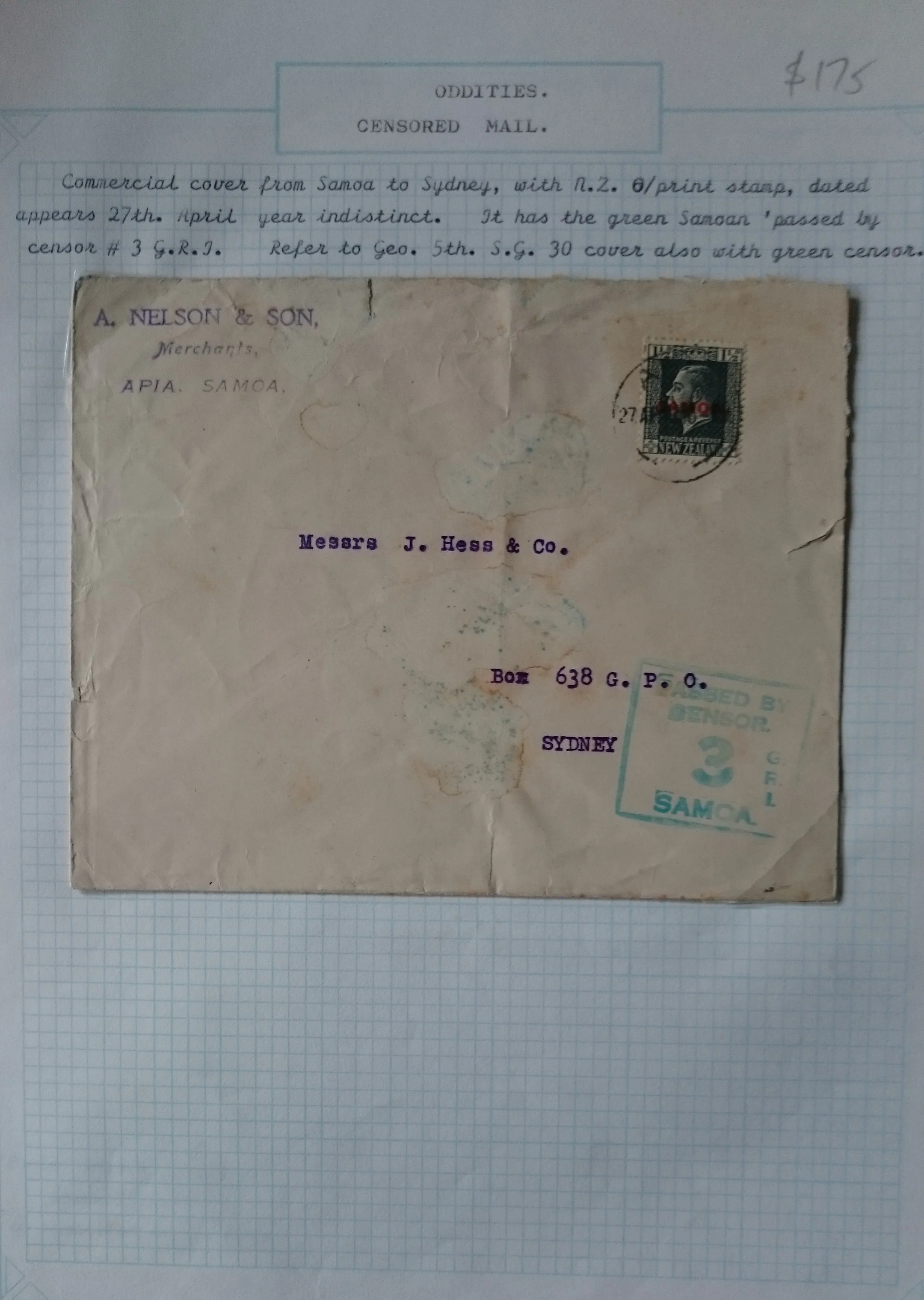 Military Mail Commercial Cover from Samoa to Sydney with New Zealand Stamp