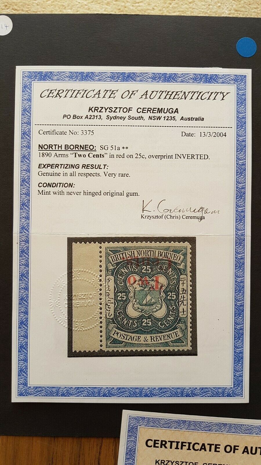 North Borneo 1890 2c on 25c Arms with INVERTED surcharge Error SG 51A MUH - Image 4