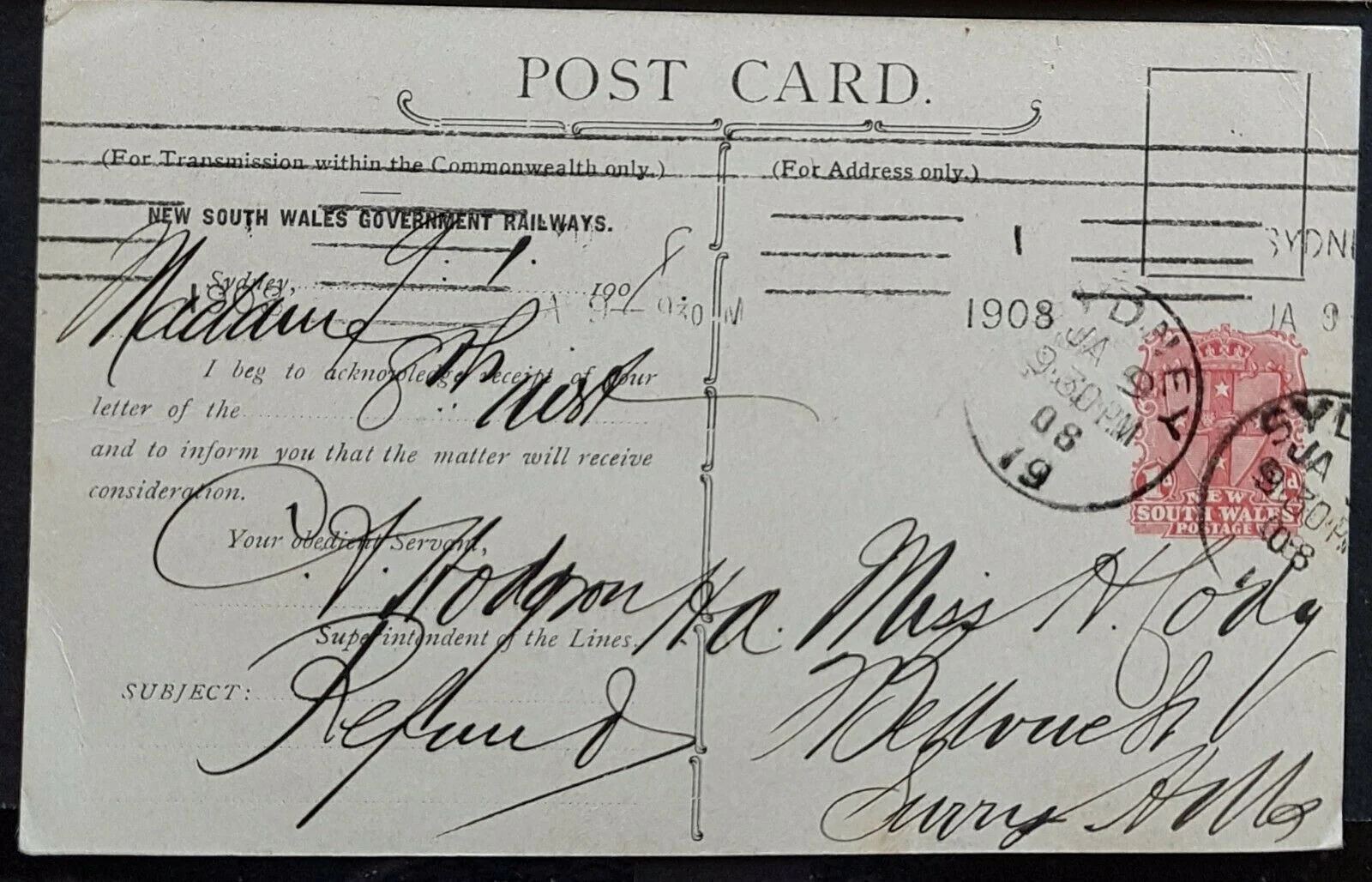 NSW 1d Arms Government Railway Post Card of Empress Falls used - Image 2