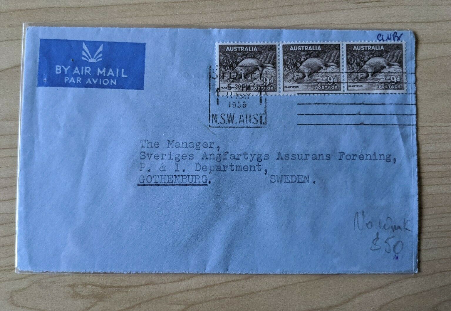 NSW Australia to Gothenburg Sweden email cover with 3x 9d no wmk Platypus Stamps