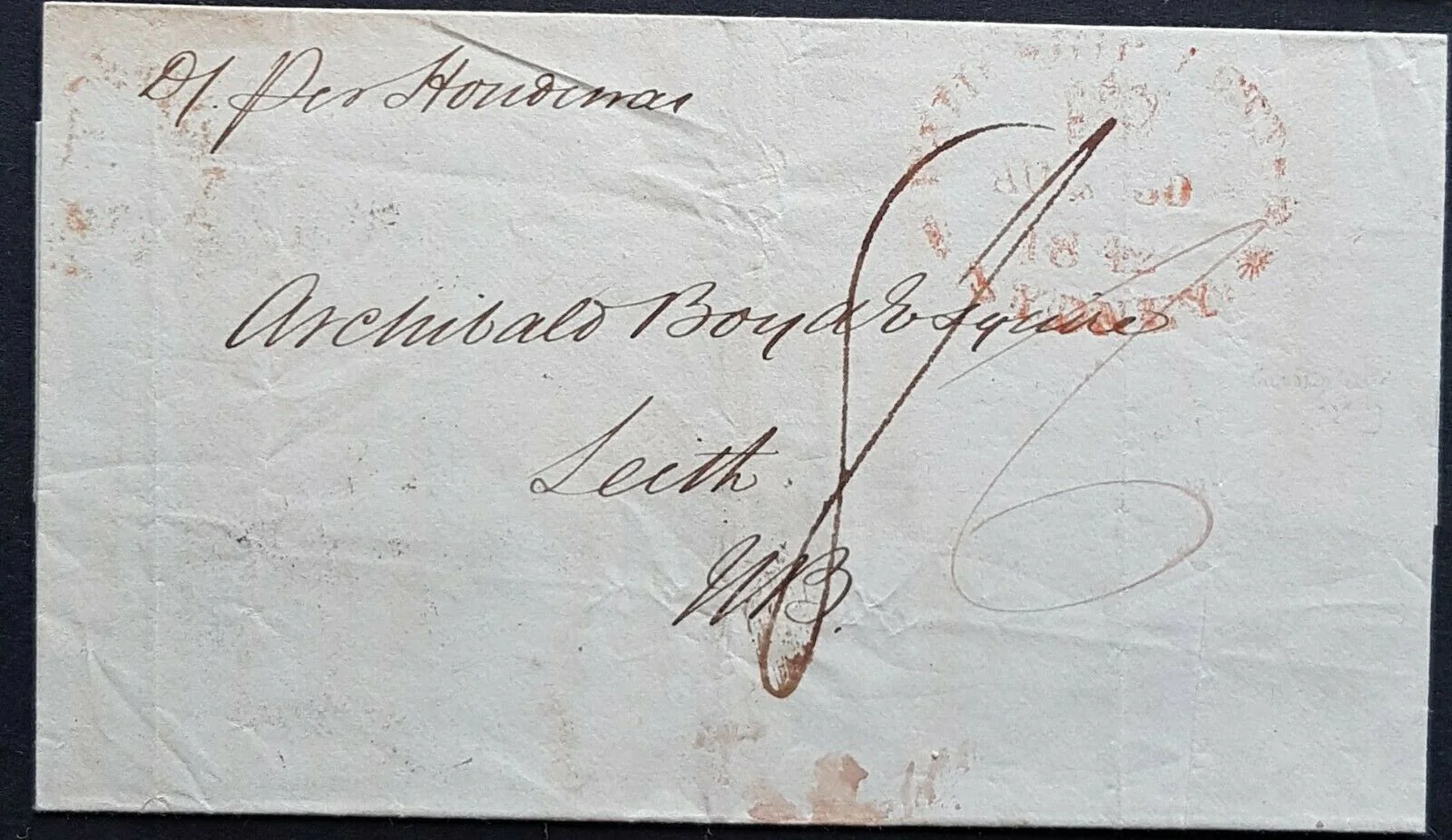 NSW Pre stamp ship letter Sydney 30 Au1843 to Leith, Scotland. Jan 8 1843