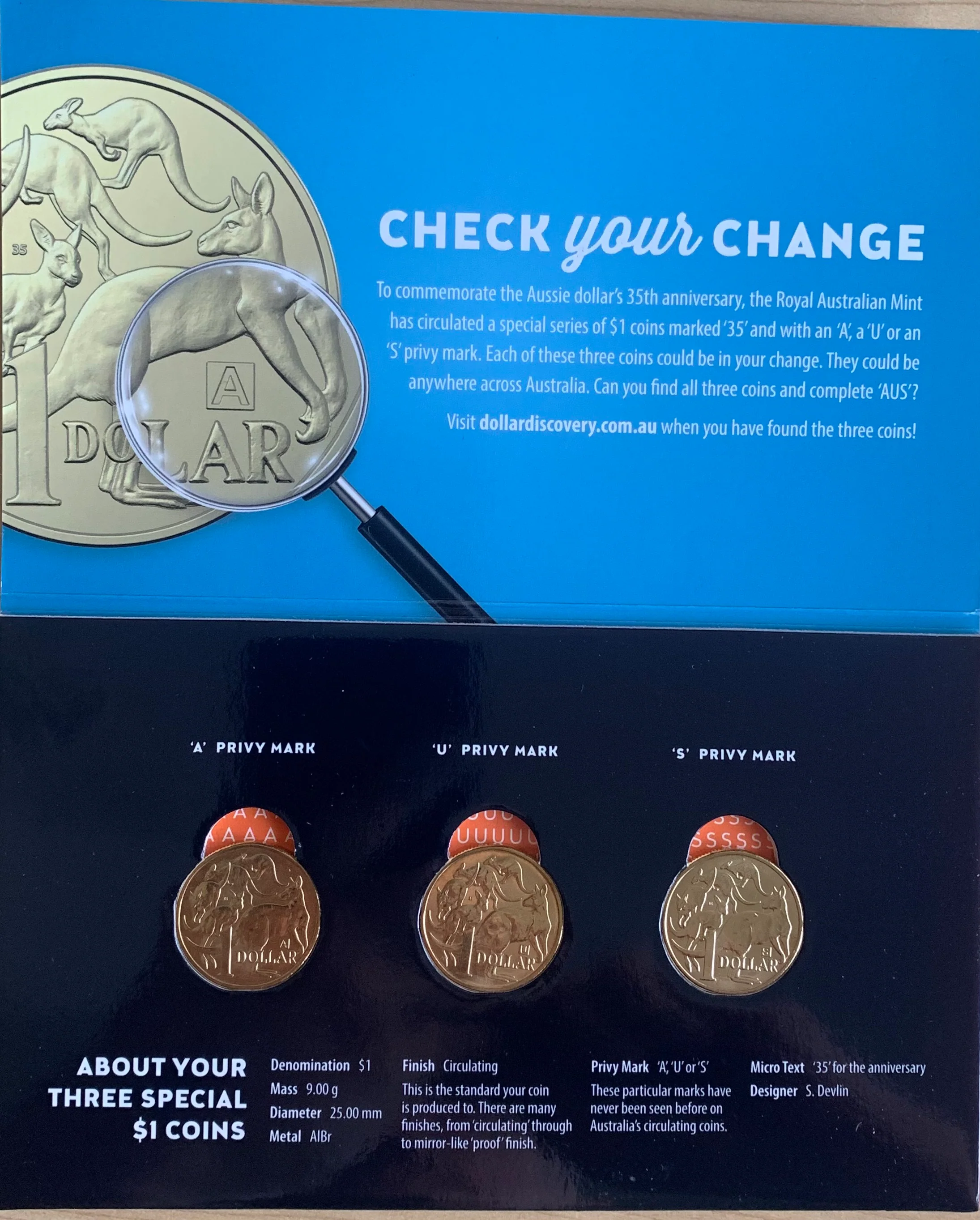Australia 2019 RAM $1 35th Anniversary of Dollar Coin, Privy Mark Set of 3 in blue discovery folder. Uncirculated - Image 2