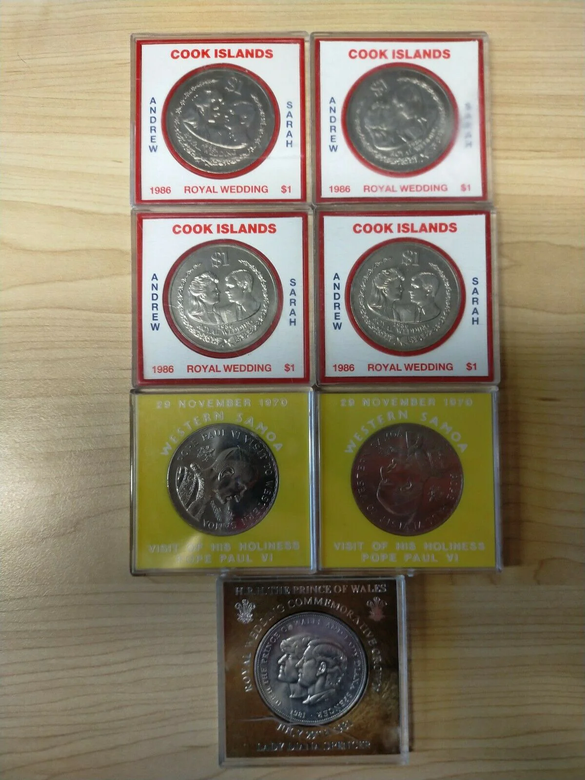 Samoa Cook Islands UK 1970 to 1986 Cased Crown/$1 (7) Pope Paul, Royal Wedding