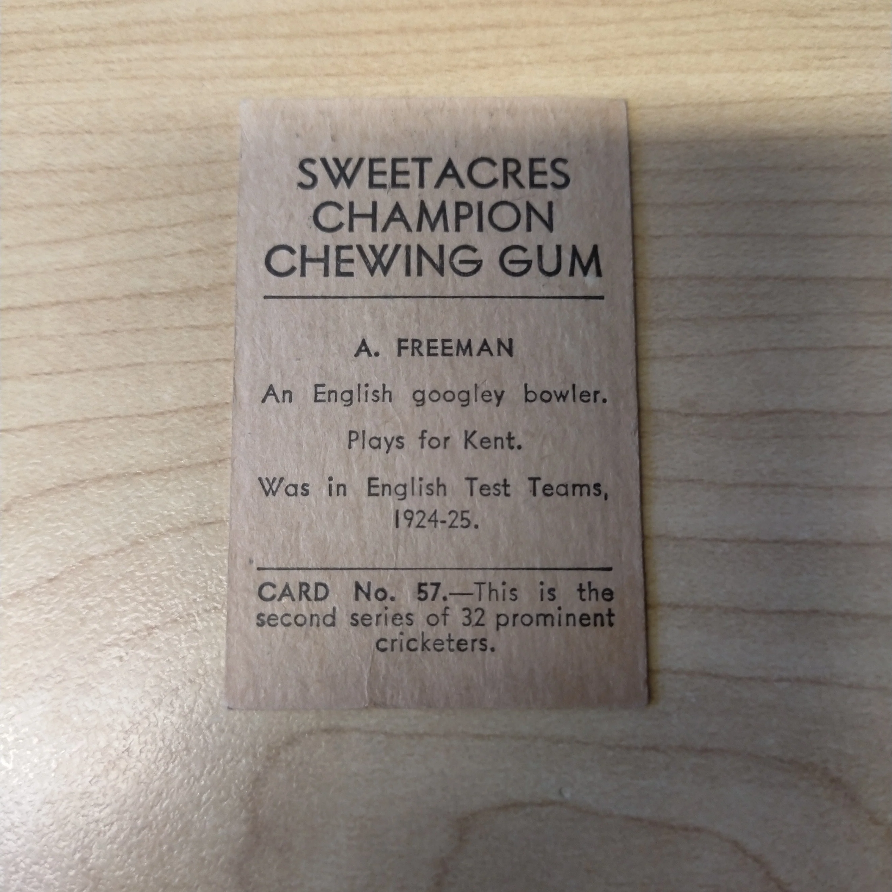 Sweetacres Champion Chewing Gum A Freeman Prominent Cricketers Cricket Cigarette Card No.57 - Image 2
