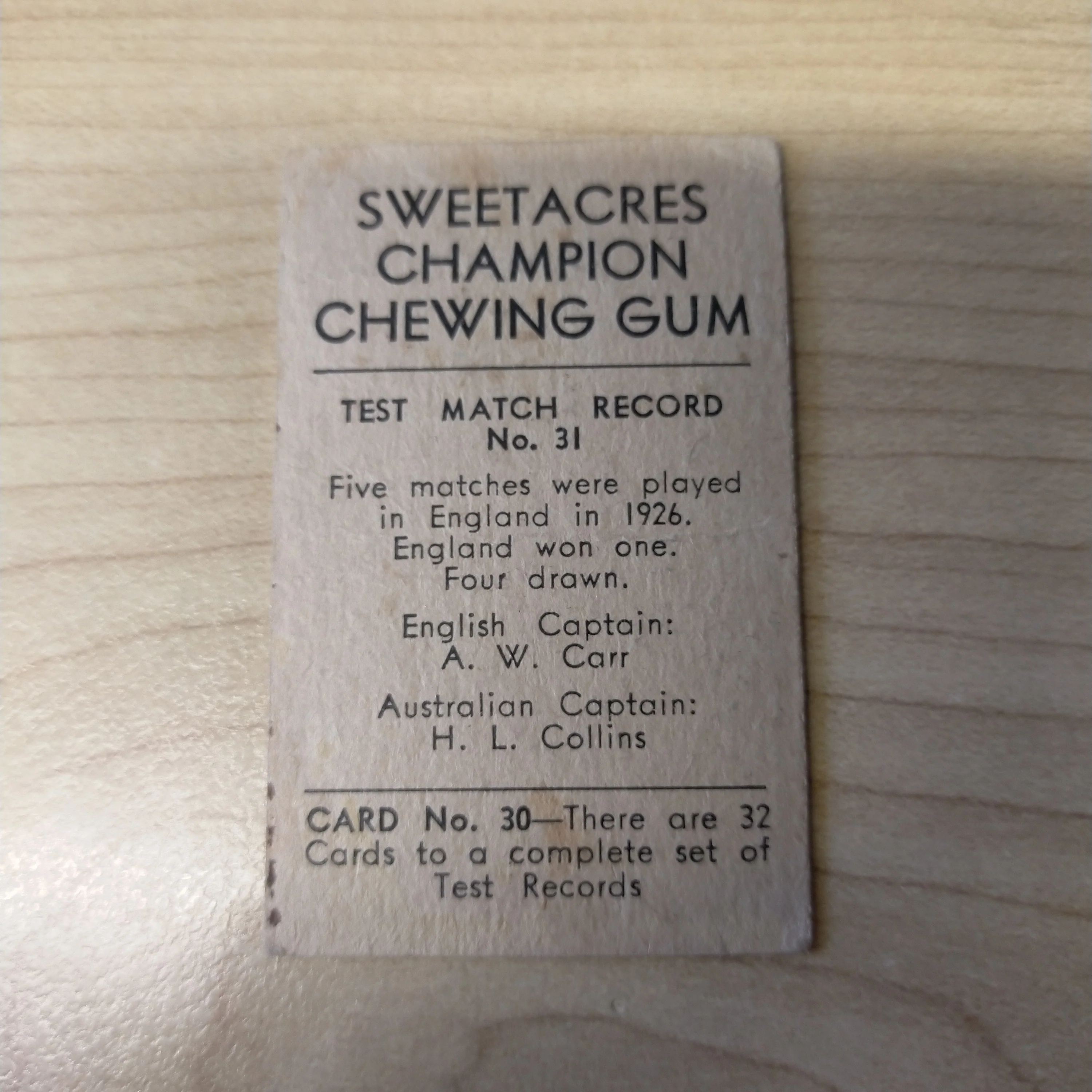 Sweetacres Champion Chewing Gum A Jackson Test Match Records Cricket Cigarette Card No.31 - Image 2