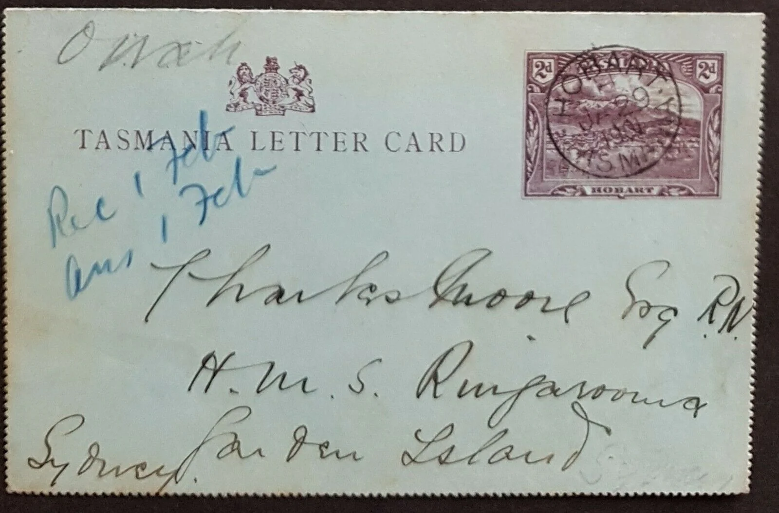 Tasmania Australian States 2d Letter Card Lake Hartz to Royal Navy Sydney - Image 2
