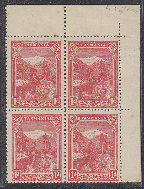 Tasmania SG 250hb 1d mountain Pictorial compound Perf 12½ and 11 MUH block of 4