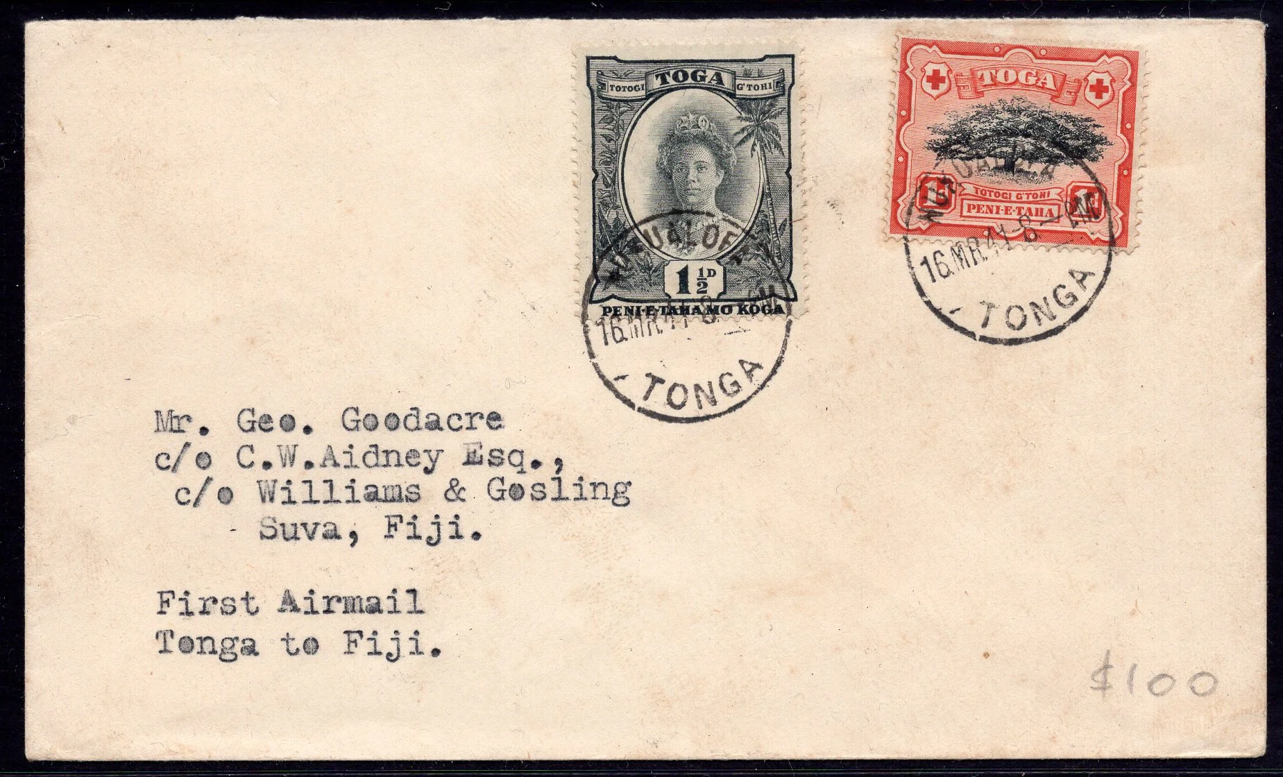 Tonga Toga First Airmail Tonga to Fiji Backstamped Suva Fiji