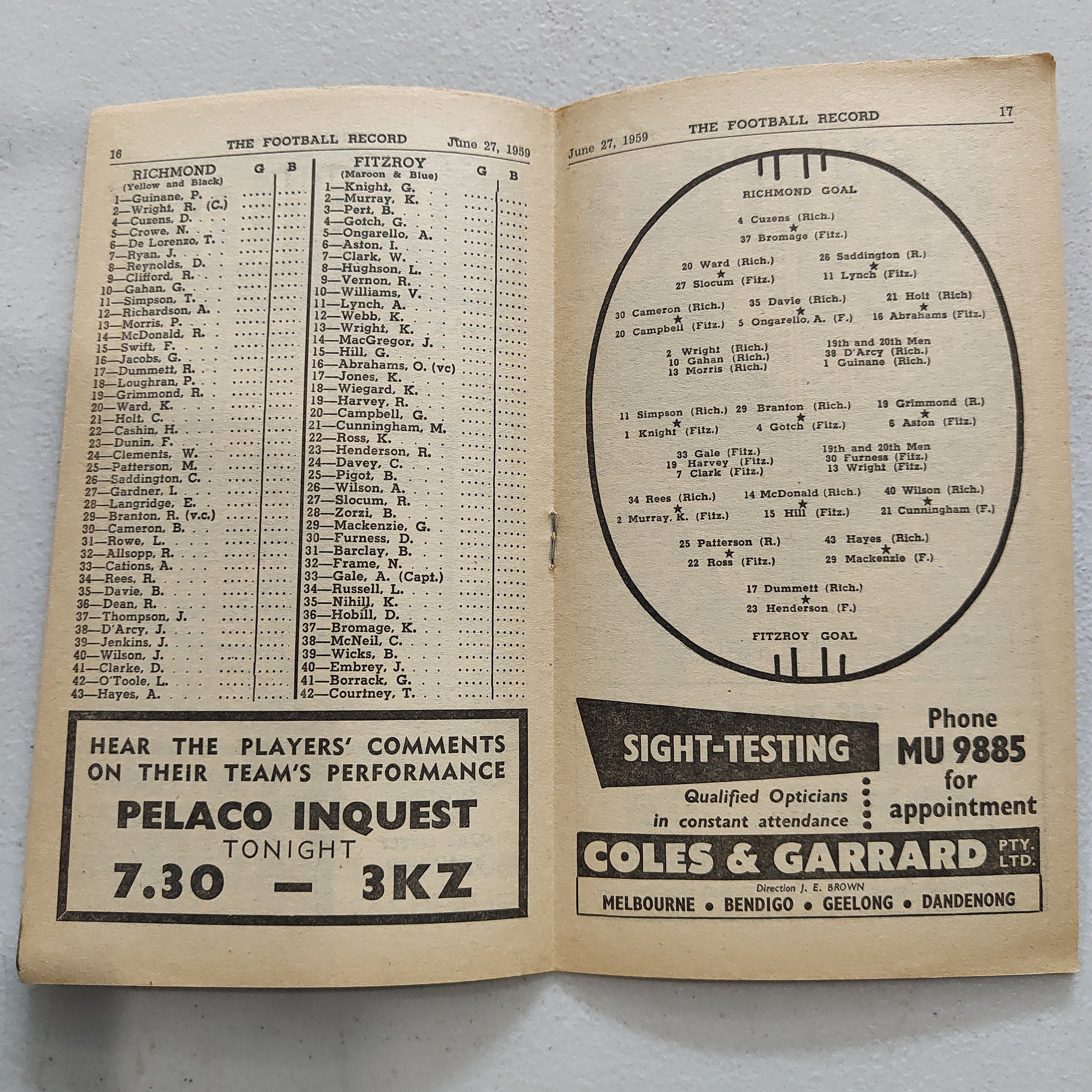 VFL 1959 June 27 Richmond v Fitzroy Football Record - Image 2