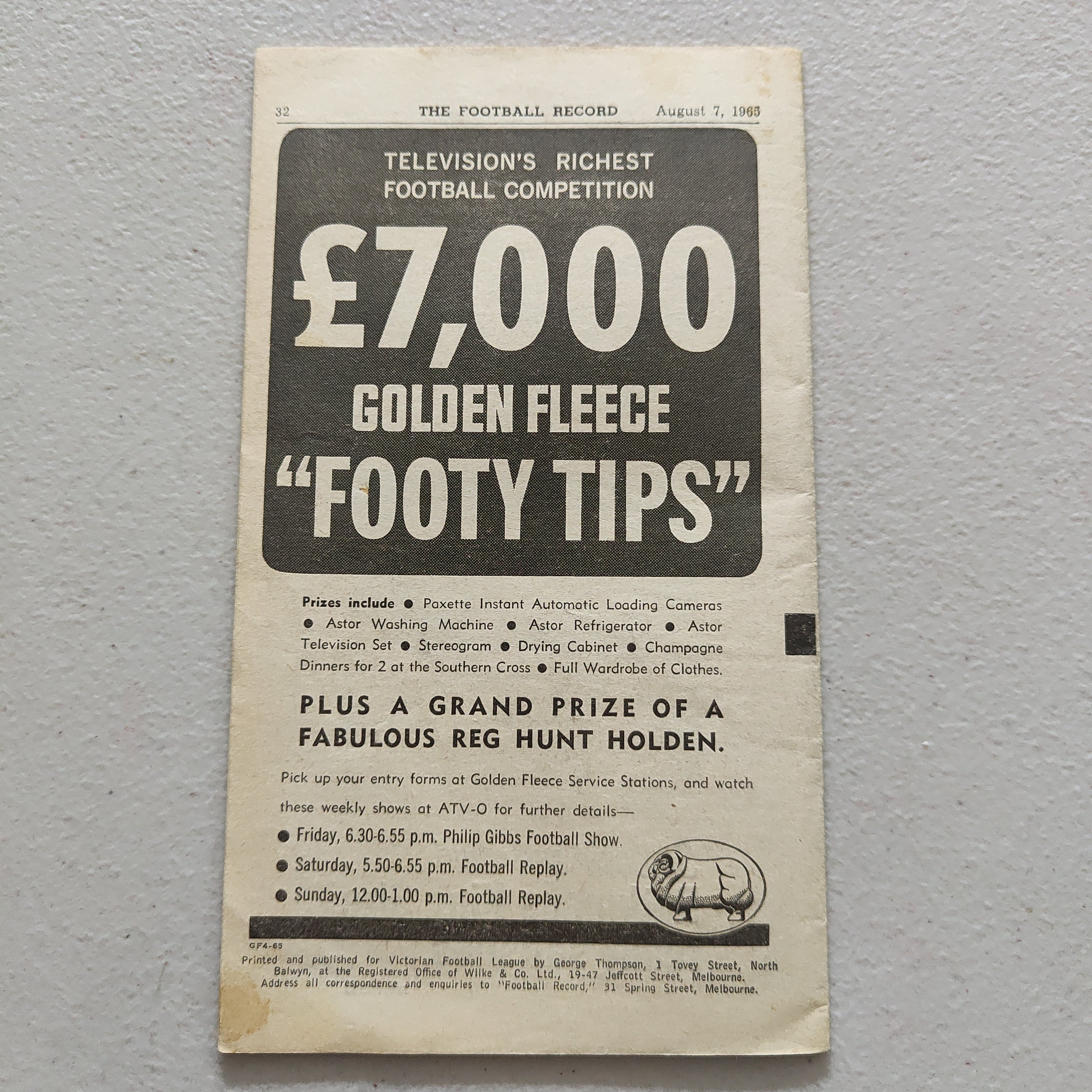 VFL 1965 August 7 Richmond v Essendon Football Record - Image 3
