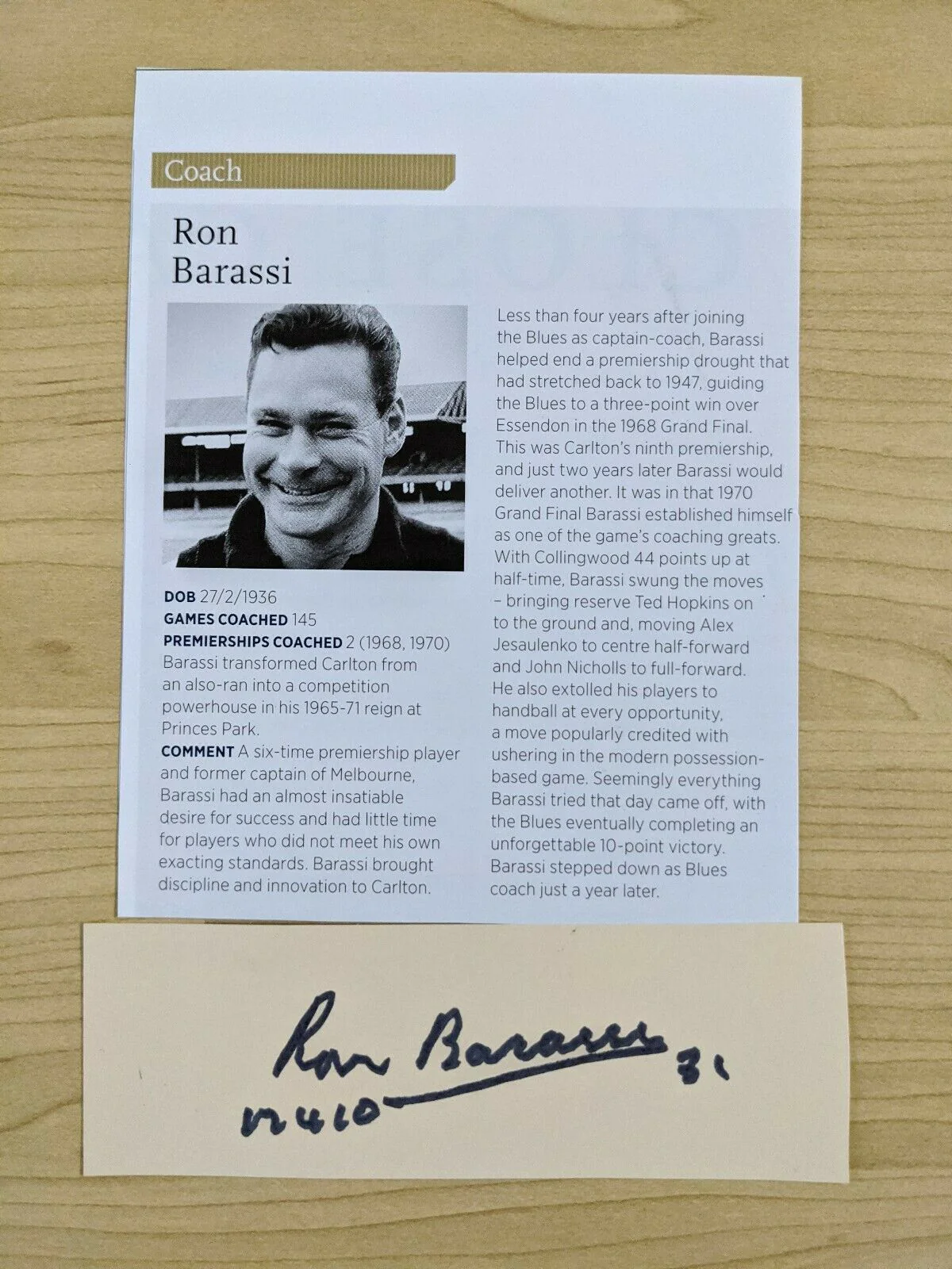 VFL Carlton Ron Barassi Signature With Article on Coaching