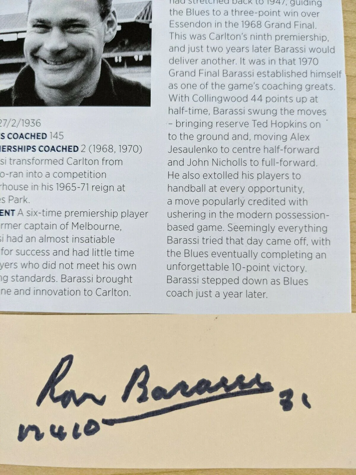 VFL Carlton Ron Barassi Signature With Article on Coaching - Image 2