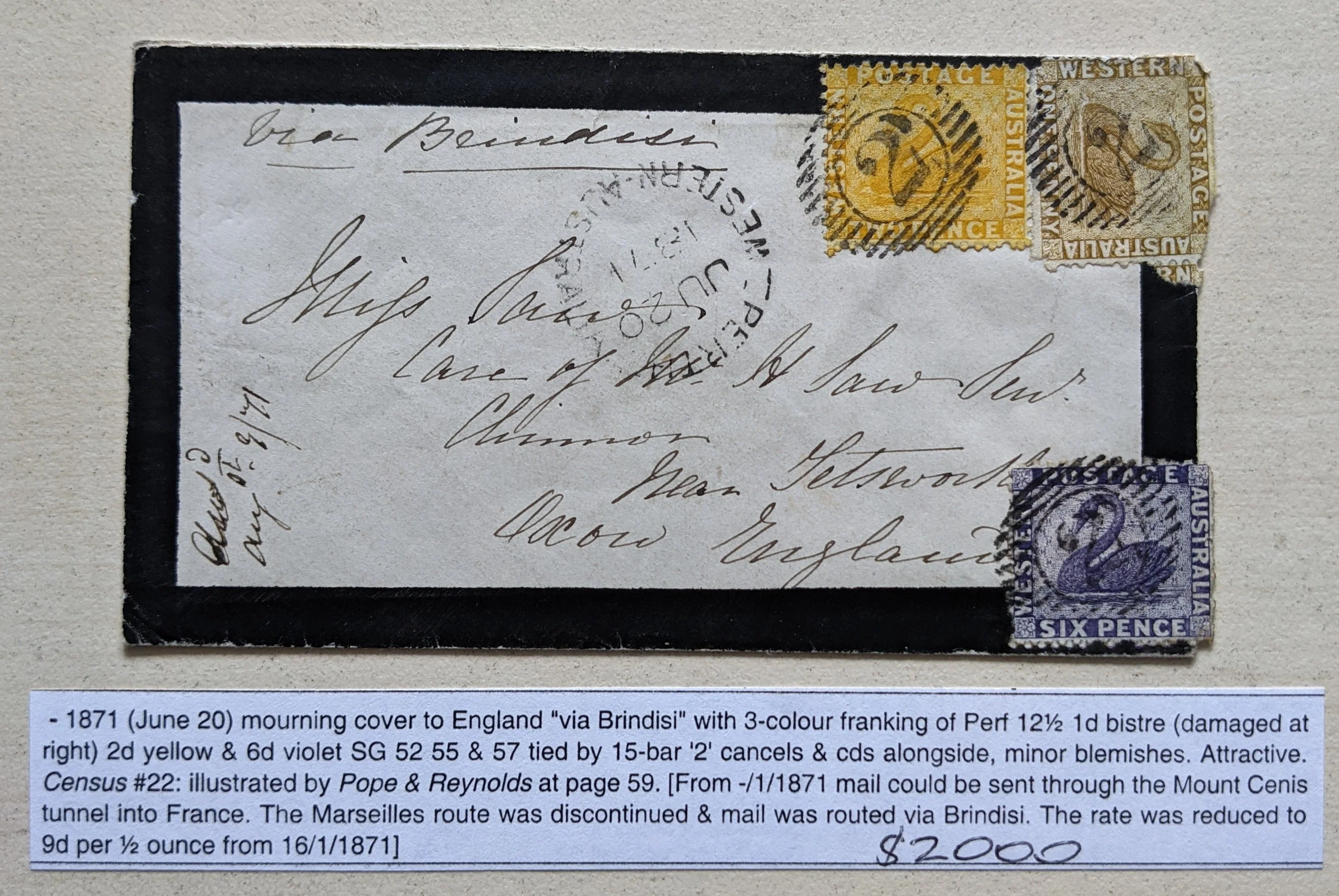 WA Western Australia Australian States 1871 Morning Cover to England